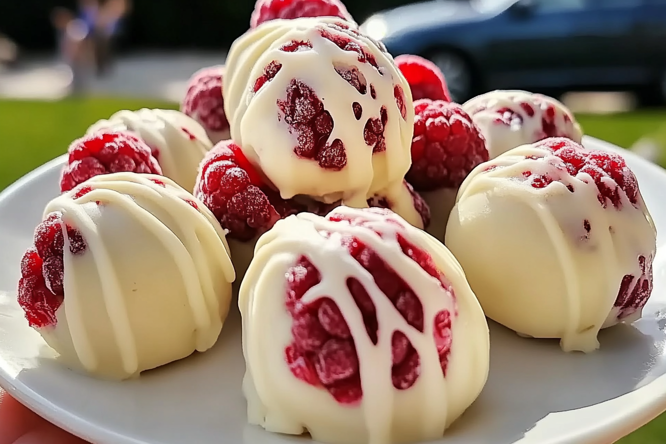 White chocolate raspberry truffles, cheesecake balls