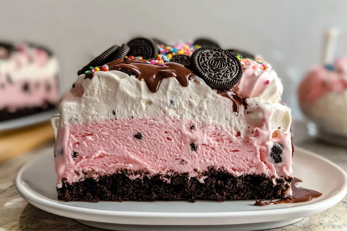 Homemade ice cream cake with layers of chocolate ice cream, hot fudge, Oreo cookie crumbs, strawberry ice cream, and whipped cream, topped with colorful sprinkles.