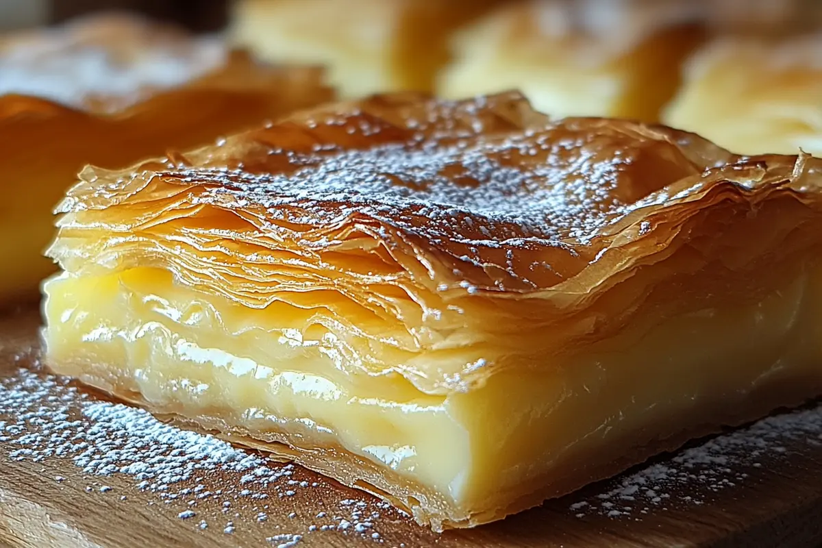 Condensed Milk Custard Filo Pie in a round baking dish, with golden, crispy filo pastry and a dusting of icing sugar on top