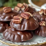 Homemade chocolate pecan turtle clusters arranged on parchment paper, featuring toasted pecans, gooey caramel, and smooth melted chocolate topped with a sprinkle of sea salt.