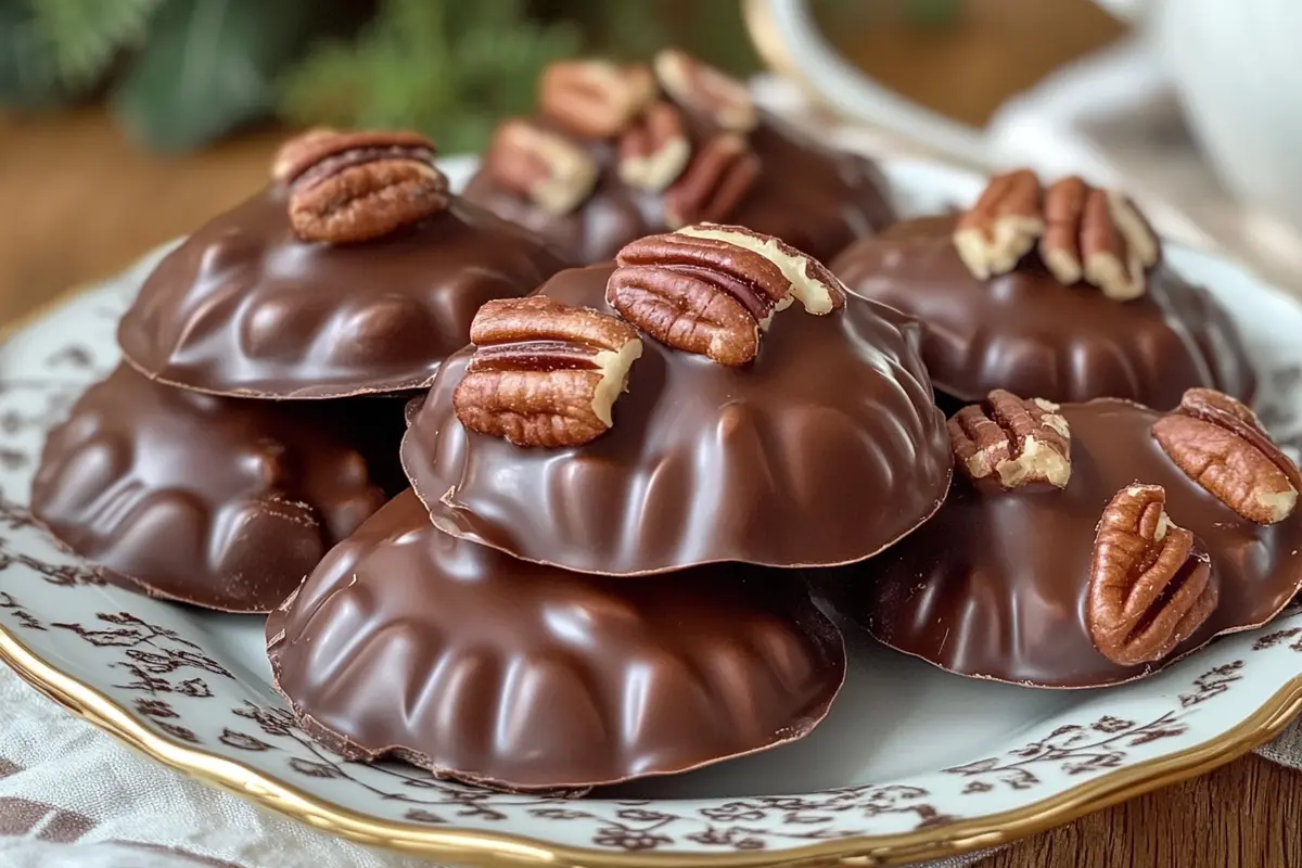 Homemade chocolate pecan turtle clusters arranged on parchment paper, featuring toasted pecans, gooey caramel, and smooth melted chocolate topped with a sprinkle of sea salt.