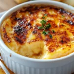 Crab brulee recipe served in a white ramekin with a golden caramelized topping, garnished with fresh herbs and a lemon wedge