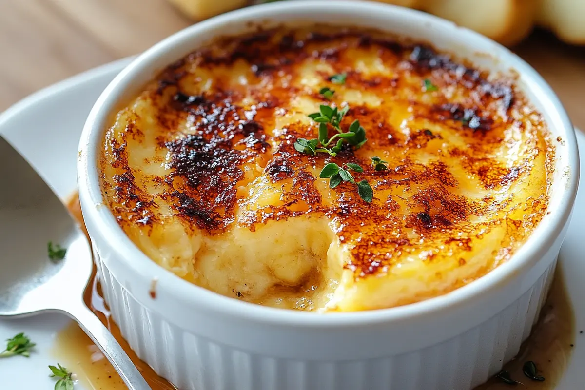 Crab brulee recipe served in a white ramekin with a golden caramelized topping, garnished with fresh herbs and a lemon wedge