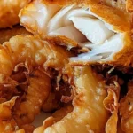 Golden Crispy Battered Cod and Onion Rings Platter arranged on a wooden platter for a classic homemade meal.