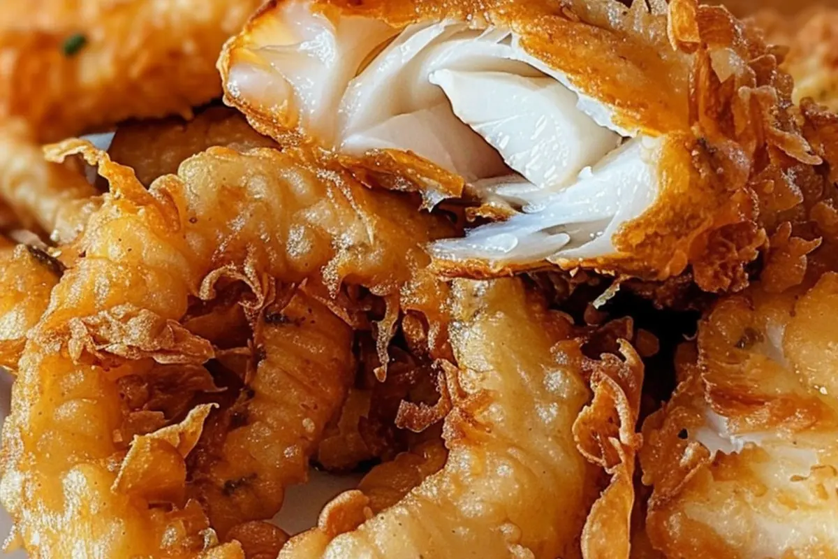 Golden Crispy Battered Cod and Onion Rings Platter arranged on a wooden platter for a classic homemade meal.