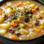 Bowl of creamy hamburger potato soup with ground beef, diced potatoes, and fresh herbs on a rustic wooden table.
