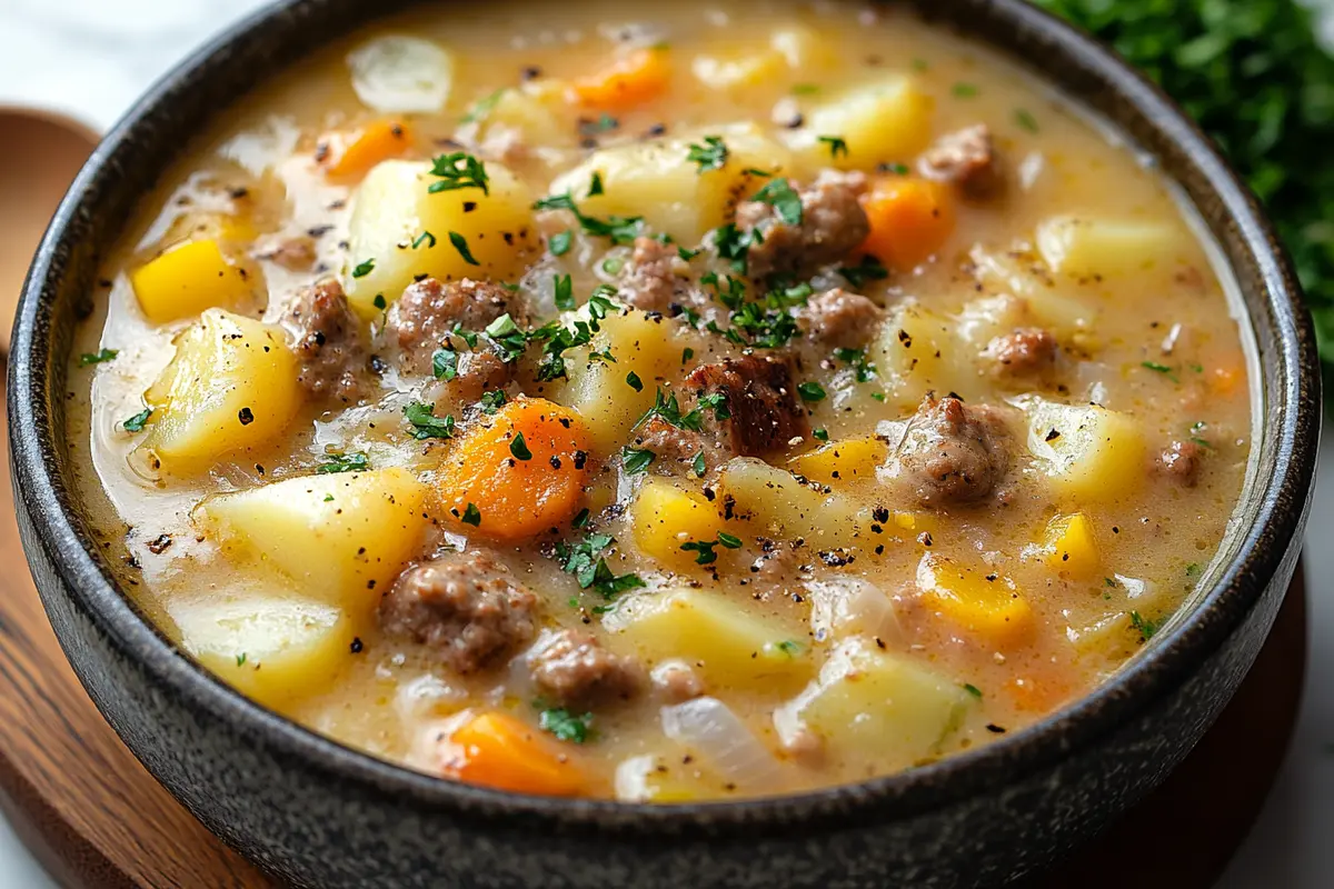 Bowl of creamy hamburger potato soup with ground beef, diced potatoes, and fresh herbs on a rustic wooden table.