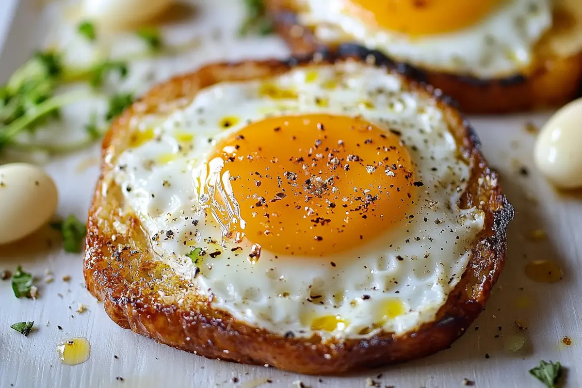 Two over hard eggs cooked in a nonstick skillet, with firm yolks and golden edges, served hot and seasoned with salt and pepper.
