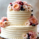 Three-tier vanilla wedding cake decorated with fresh flowers and buttercream frosting