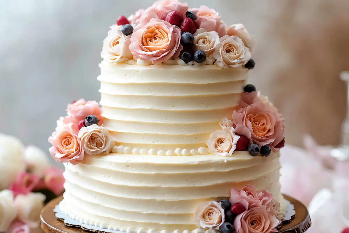 Three-tier vanilla wedding cake decorated with fresh flowers and buttercream frosting