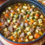 A bowl of hearty beef minestrone soup filled with ground beef, beans, carrots, celery, zucchini, and ditalini pasta in a savory broth, garnished with fresh parsley and grated Parmesan cheese.