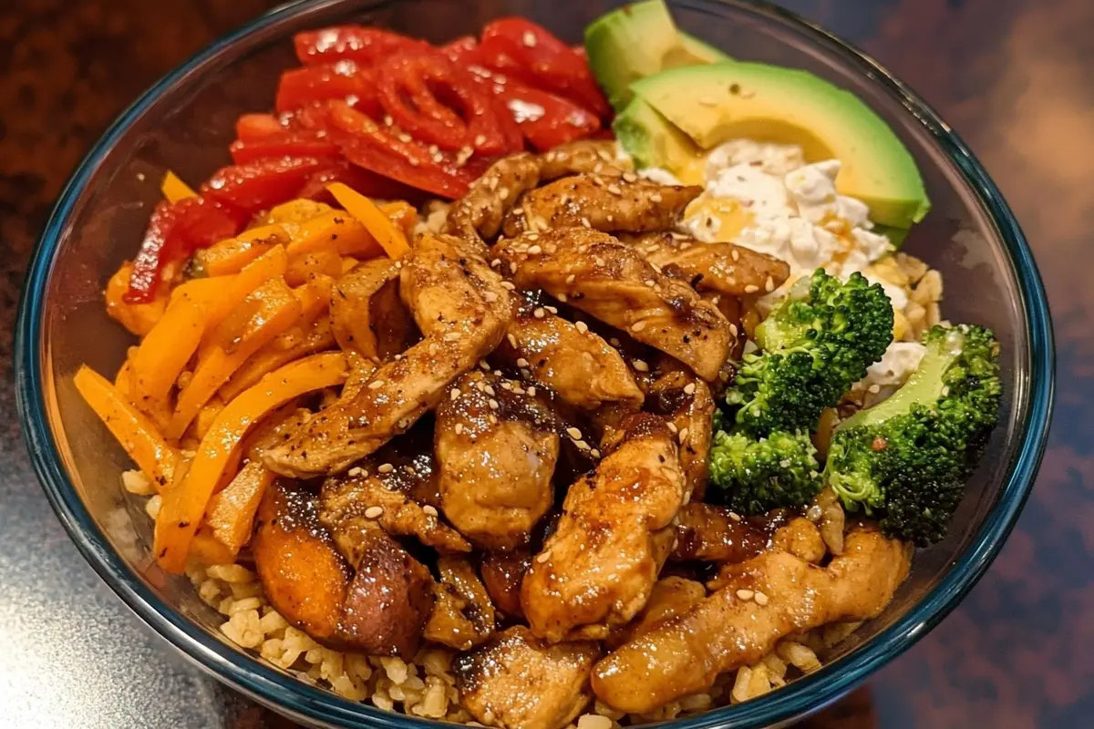 Yummy Bowl with jasmine rice, roasted sweet potatoes, broccoli, red bell peppers, grilled chicken, and tahini sauce, topped with avocado and green onions in a white bowl.