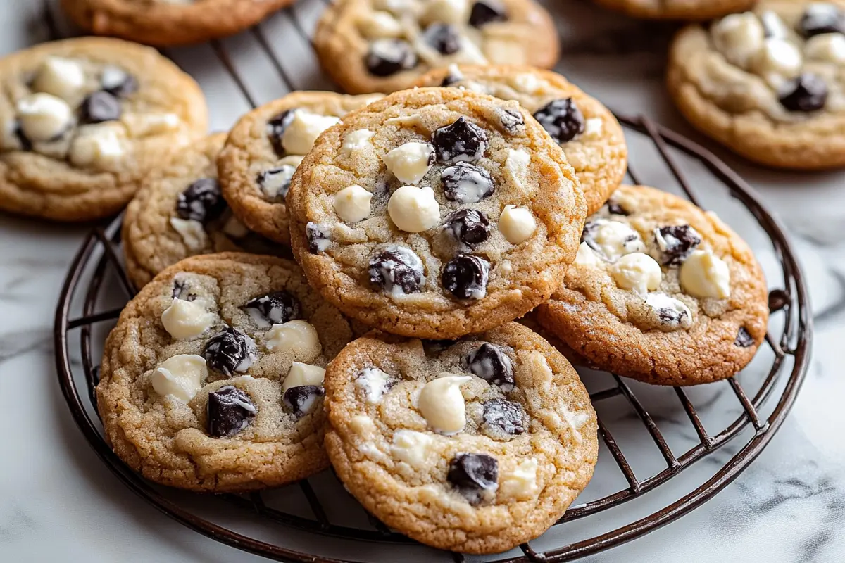 Cookies and Cream cookies freshly baked and cooling on a wire rack with visible chocolate sandwich cookie pieces and white chocolate chips.