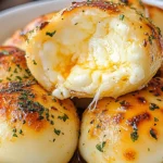 Golden-brown Air Fryer Garlic Parmesan Mozzarella Bombs served on a white plate, garnished with chopped parsley and accompanied by a small bowl of marinara sauce for dipping