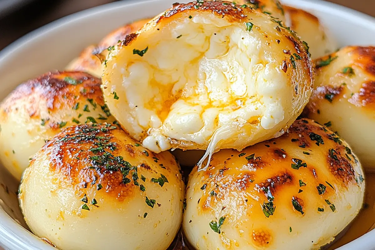 Golden-brown Air Fryer Garlic Parmesan Mozzarella Bombs served on a white plate, garnished with chopped parsley and accompanied by a small bowl of marinara sauce for dipping