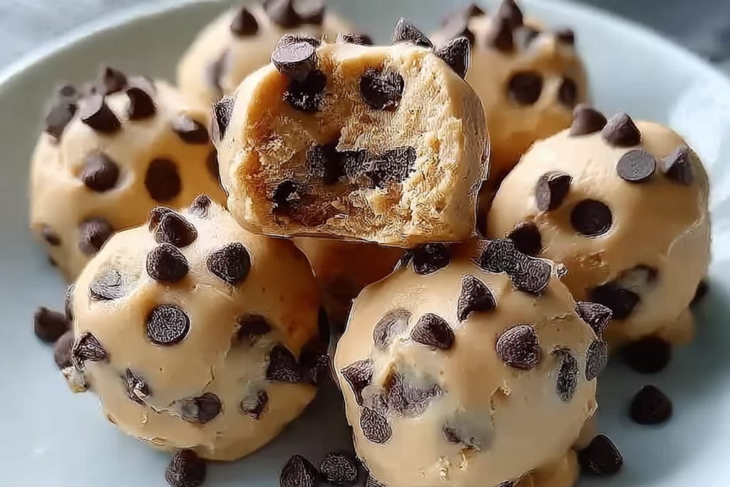 Homemade Frozen Greek Yogurt Peanut Butter Bites with Chocolate Chips in a bowl