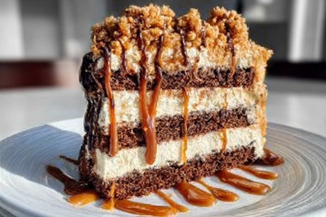 Toffee Crunch Cake sliced with buttery crumble topping