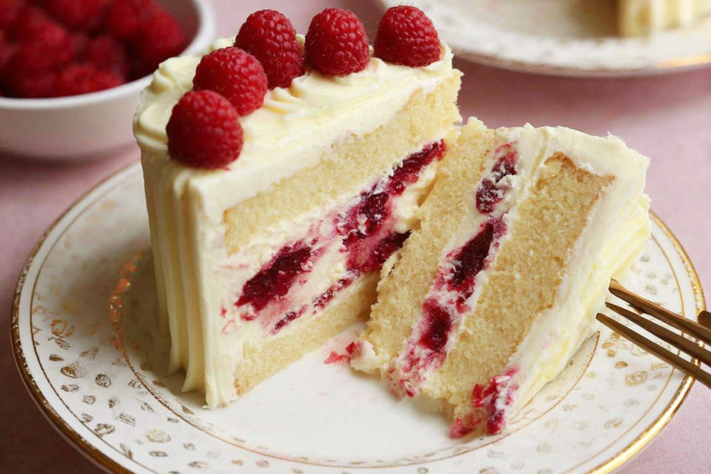 Slice of White Chocolate Raspberry Dream Cake showing layered raspberry filling