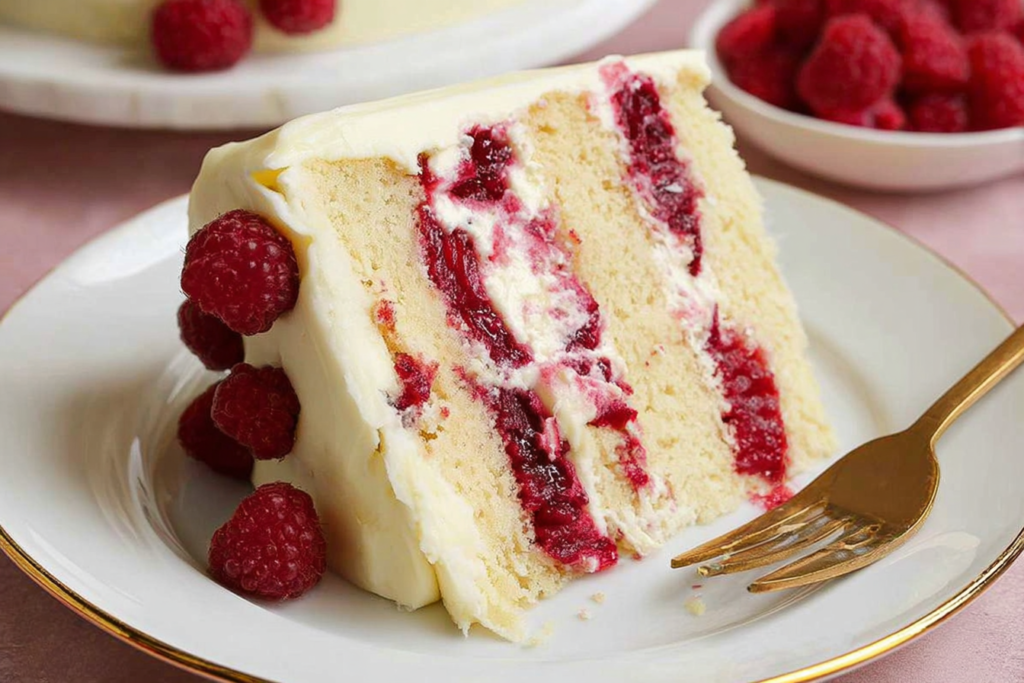 White Chocolate Raspberry Dream Cake on cake stand with creamy frosting