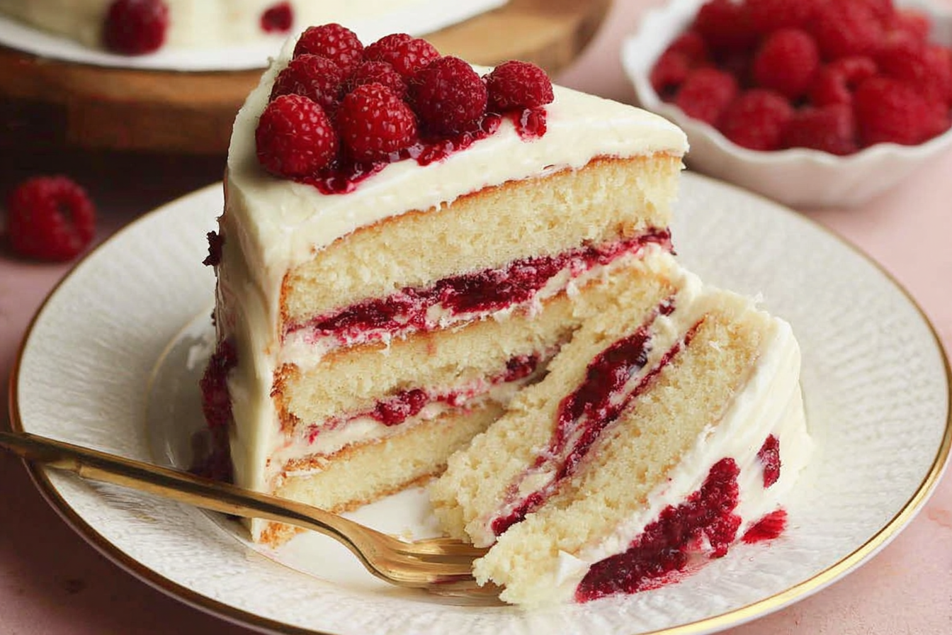 White Chocolate Raspberry Dream Cake with raspberry filling and white chocolate frosting