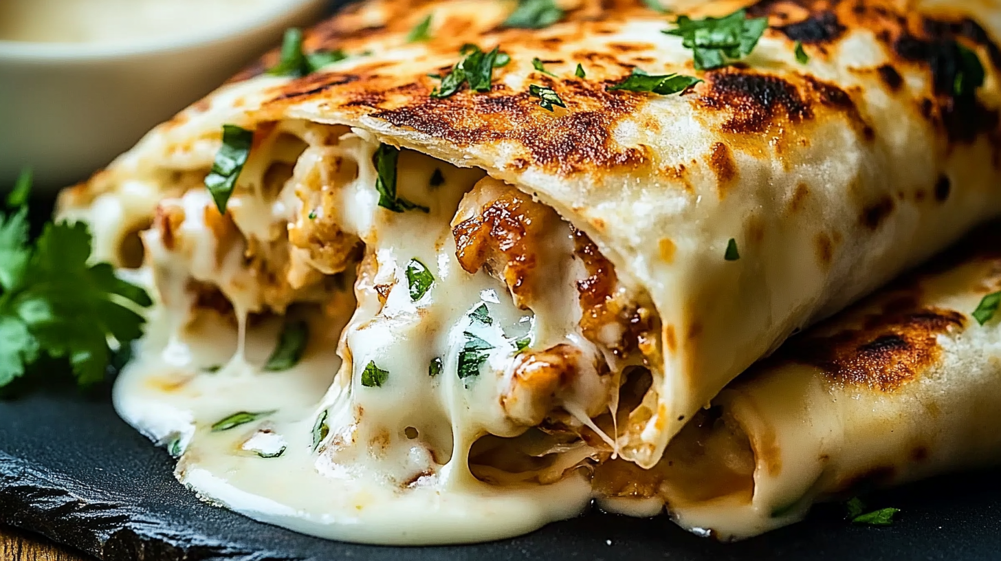 Cheesy Garlic Chicken Wraps with melted cheese and creamy garlic chicken filling