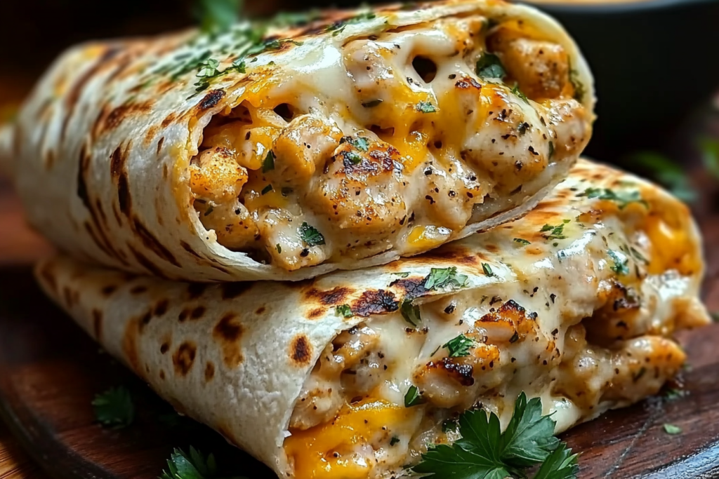 Easy cheesy garlic chicken wraps toasted golden in skillet