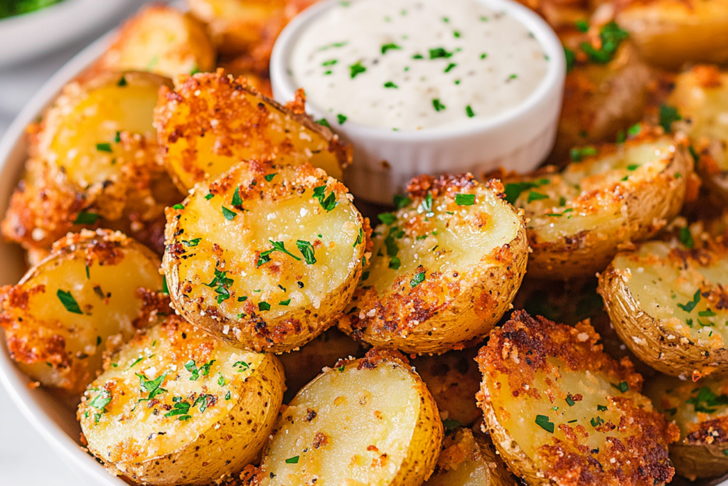 Oven baked Crispy Garlic Parmesan Smashed Potatoes golden and crispy