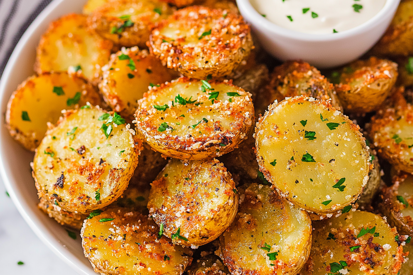 Crispy Garlic Parmesan Smashed Potatoes on baking sheet