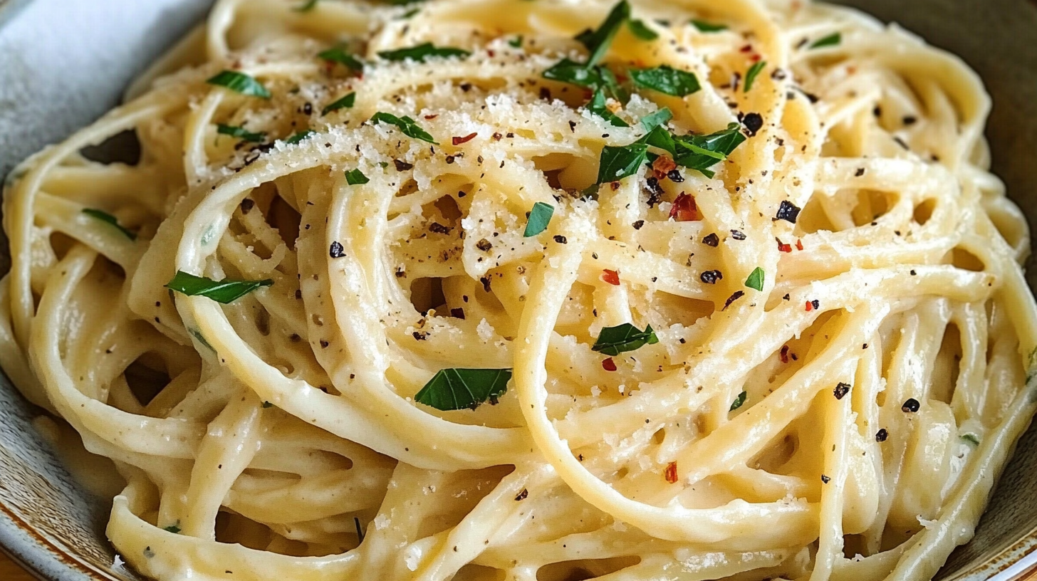One Pot Creamy Garlic Pasta in a skillet with parmesan cheese and fresh parsley