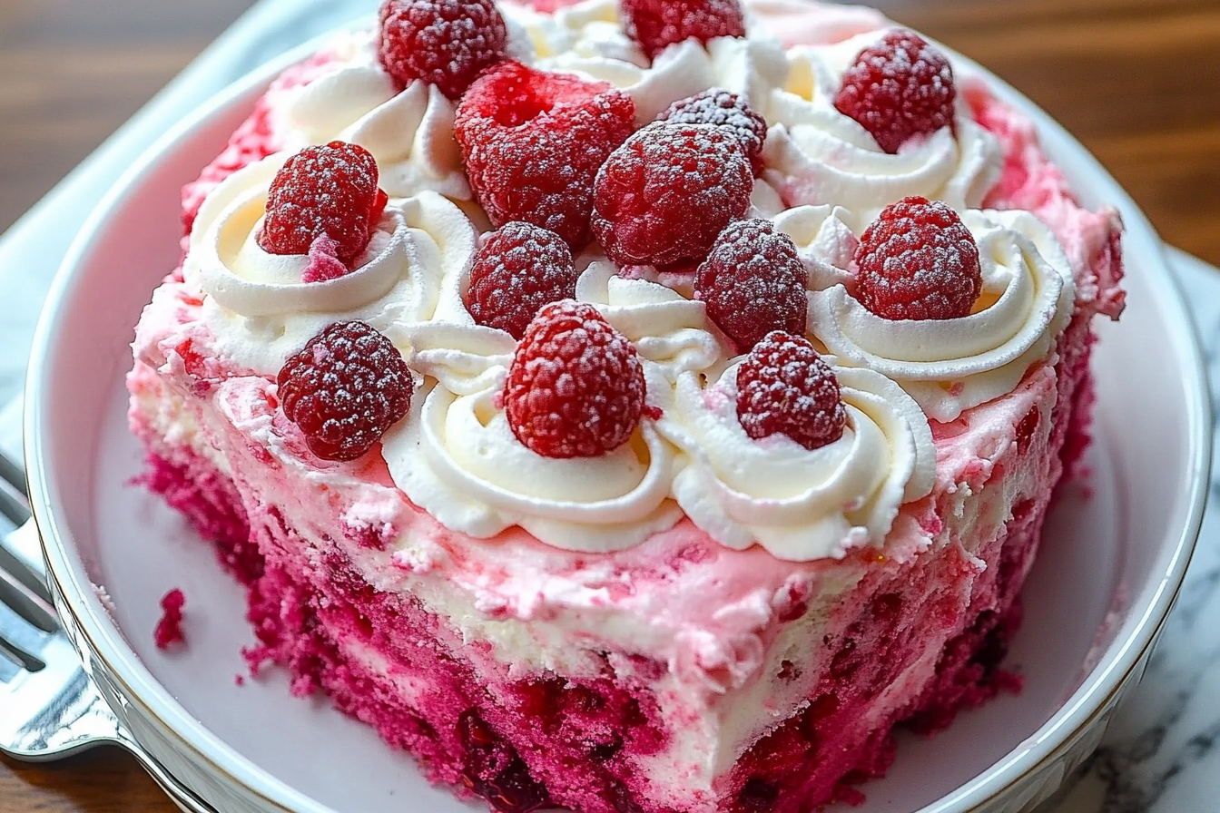 Raspberry Zinger Poke Cake with raspberry gelatin soaked into white cake topped with coconut and cream cheese frosting