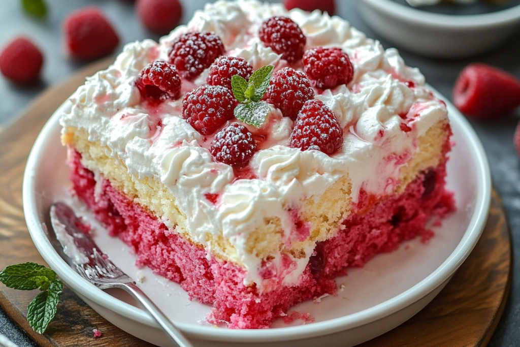 Close-up slice of Raspberry Zinger Poke Cake showing red raspberry layers and creamy topping