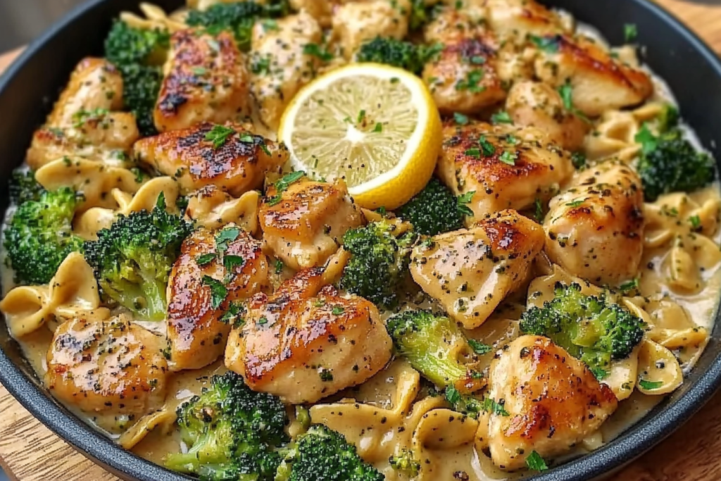 Garlic lemon chicken bowtie pasta with broccoli