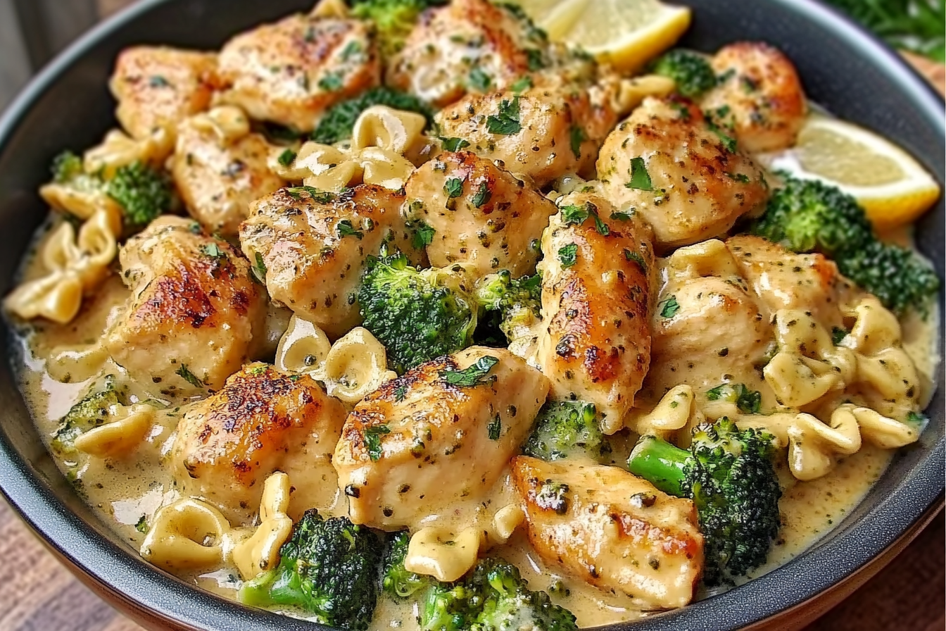 Zesty Cowboy Butter Lemon Bowtie Chicken & Broccoli in skillet