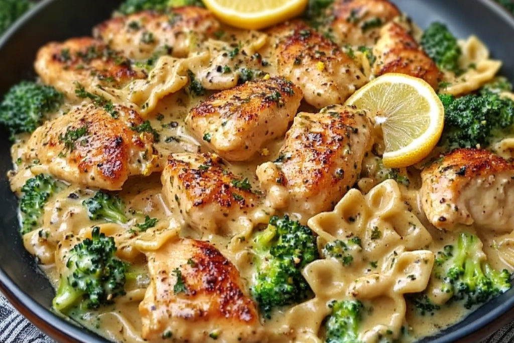 Creamy cowboy butter chicken pasta with broccoli and lemon