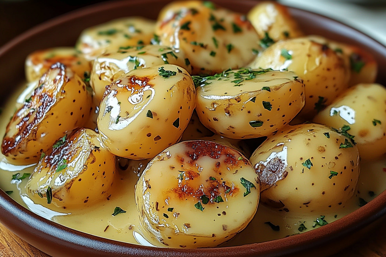 creamy garlic sauce baby potatoes in skillet