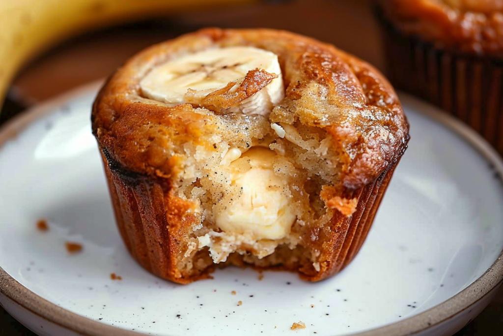 Moist Banana Cream Cheesecake Muffin with banana slices