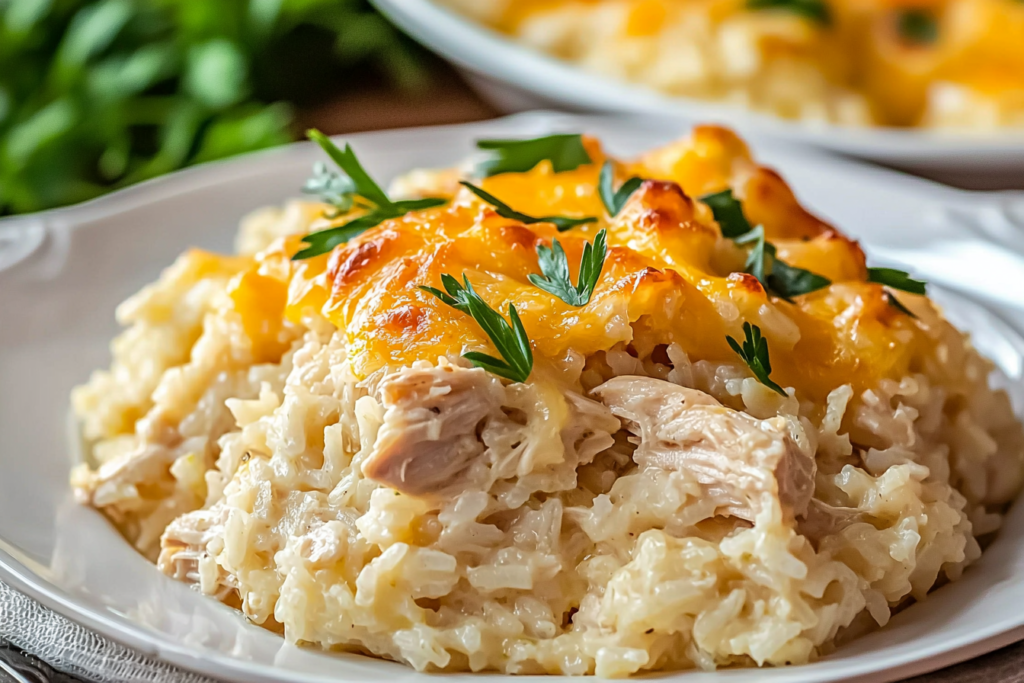 Cheesy Angel Chicken Rice Casserole served on a plate