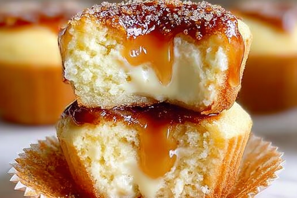 Creamy Vanilla Bean Crème Brûlée Cheesecake Cupcakes with golden brûlée topping and vanilla bean specks
