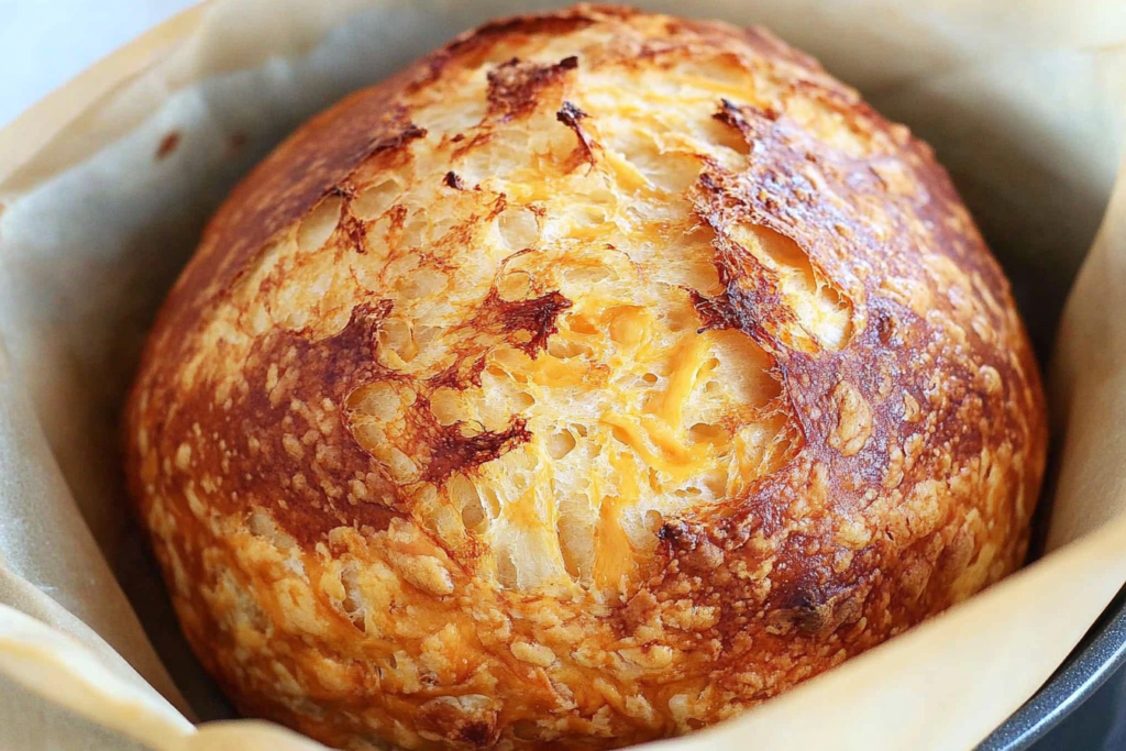 Crispy No Knead Cheddar Bread with melted cheddar cheese