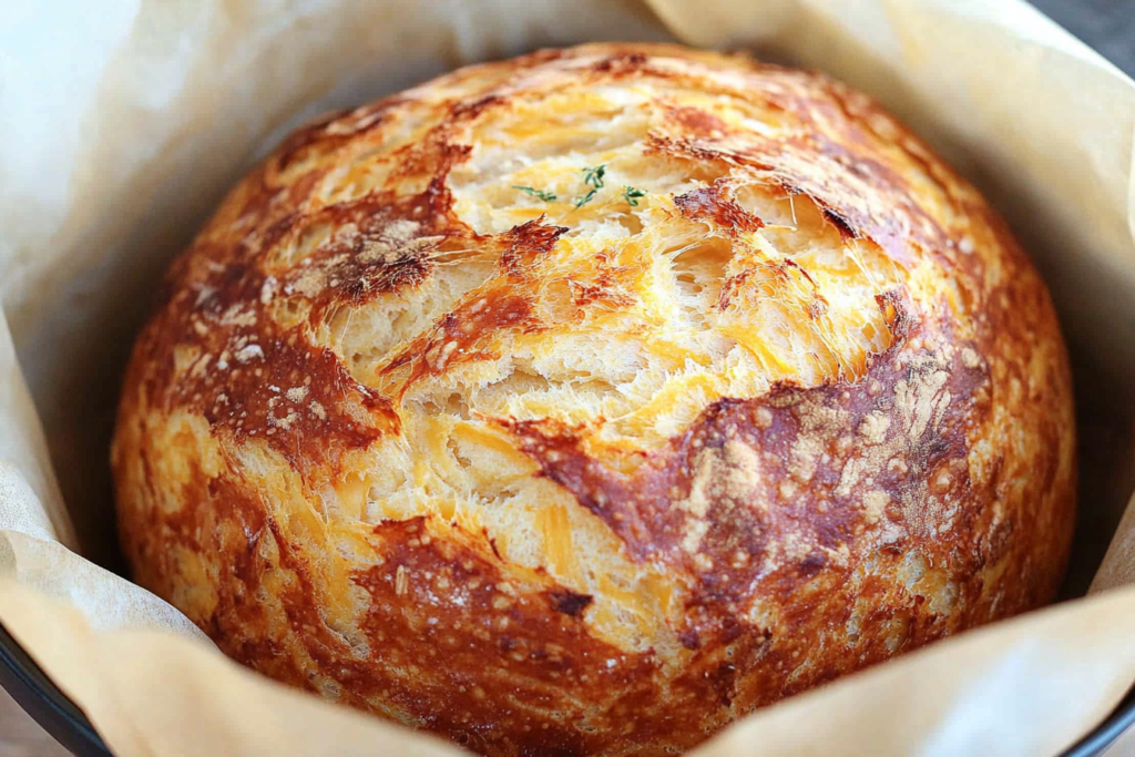 Easy No Knead Cheddar Bread fresh from the oven