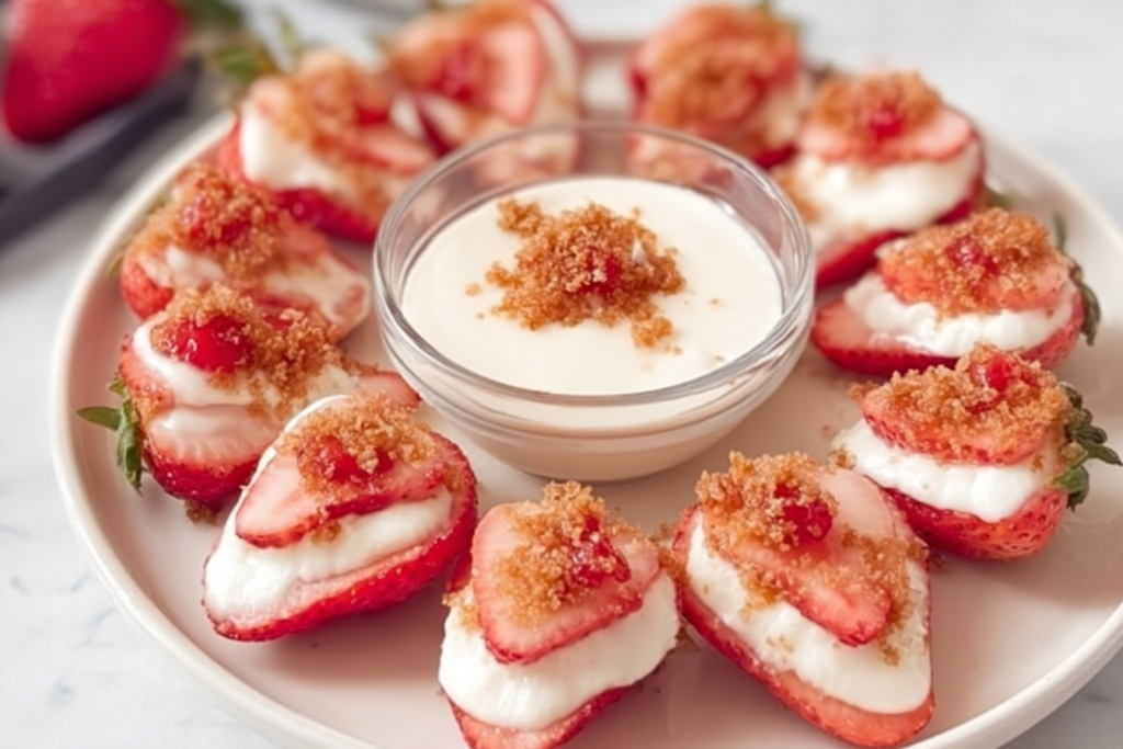 Fresh strawberries stuffed with cheesecake filling and topped with crumbs