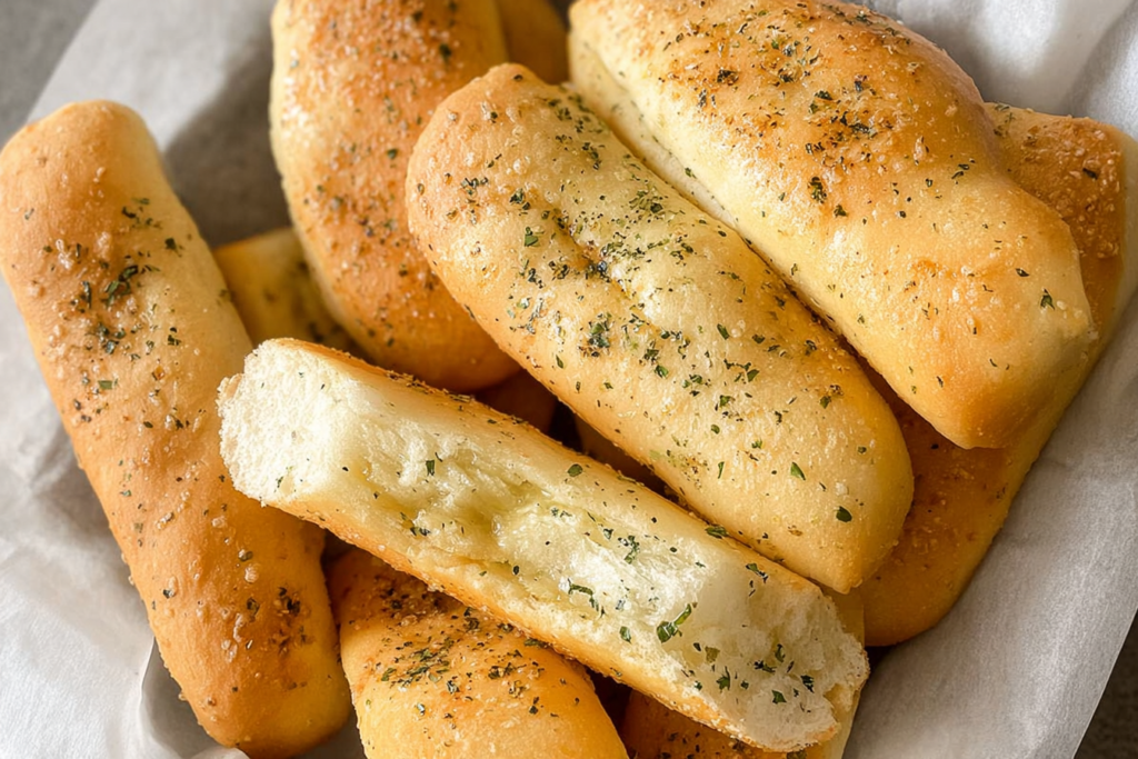 Golden baked Olive Garden Garlic Breadsticks on baking tray