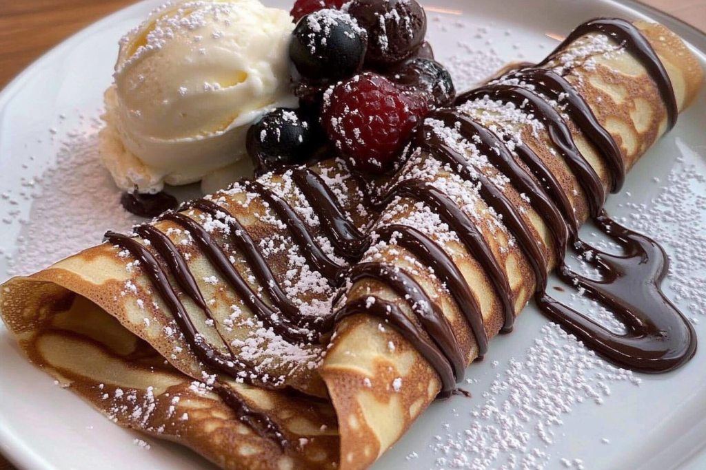 Homemade Chocolate Crepe with Ice Cream and whipped cream
