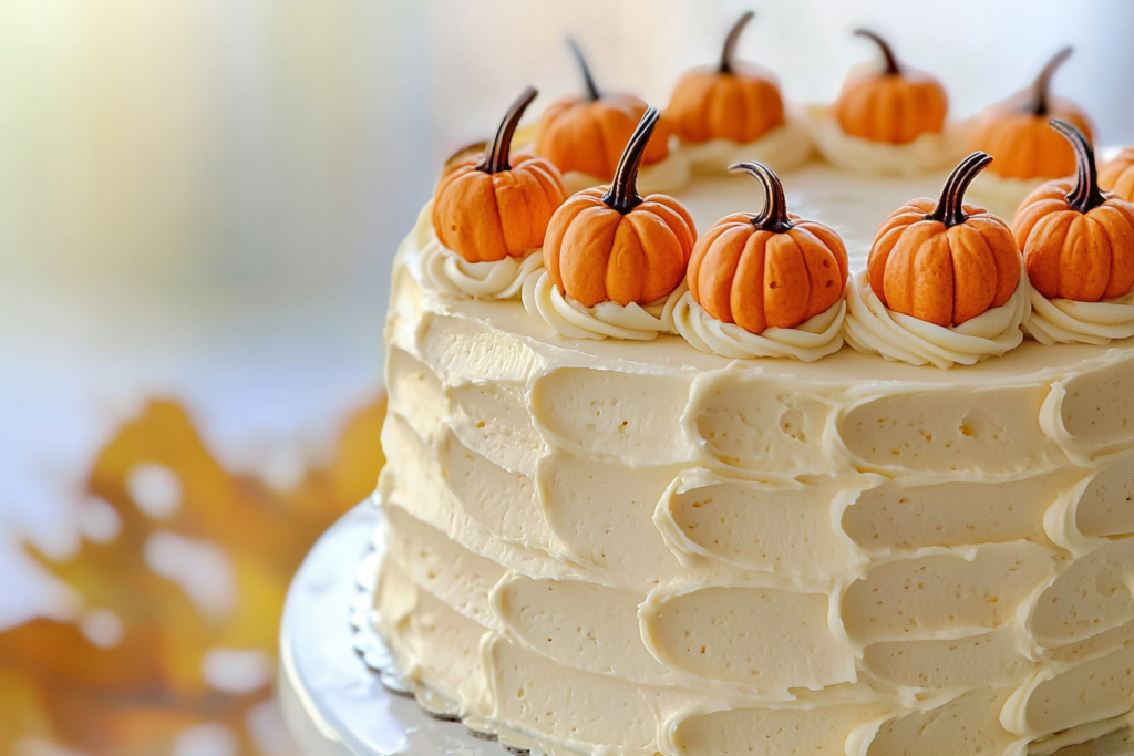 Homemade Frosted Cake with Mini Pumpkins decoration