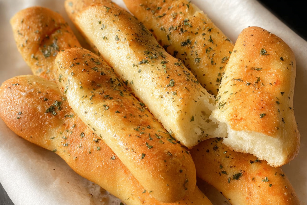 Homemade Olive Garden Garlic Breadsticks brushed with garlic butter