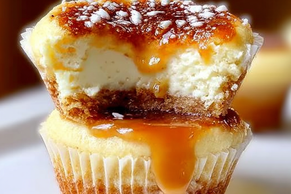 Homemade Vanilla Bean Crème Brûlée Cheesecake Cupcakes with rich cheesecake filling and crisp caramelized sugar