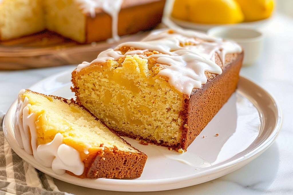 Moist homemade Starbucks Copycat Lemon Loaf with fresh lemon slices and coffee