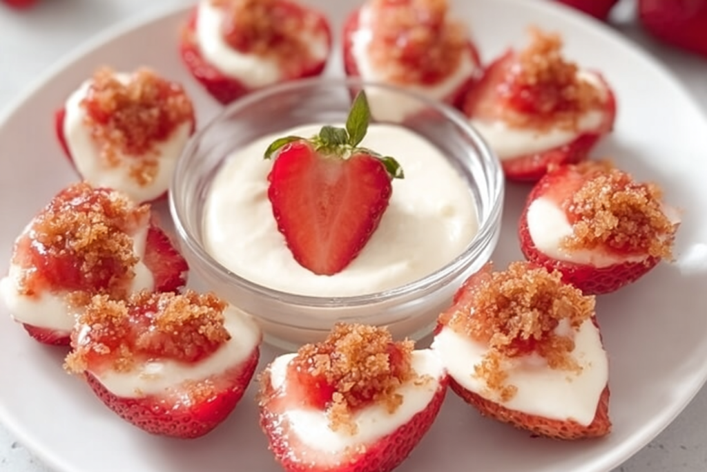 No-bake Cheesecake Deviled Strawberries served on a dessert plate