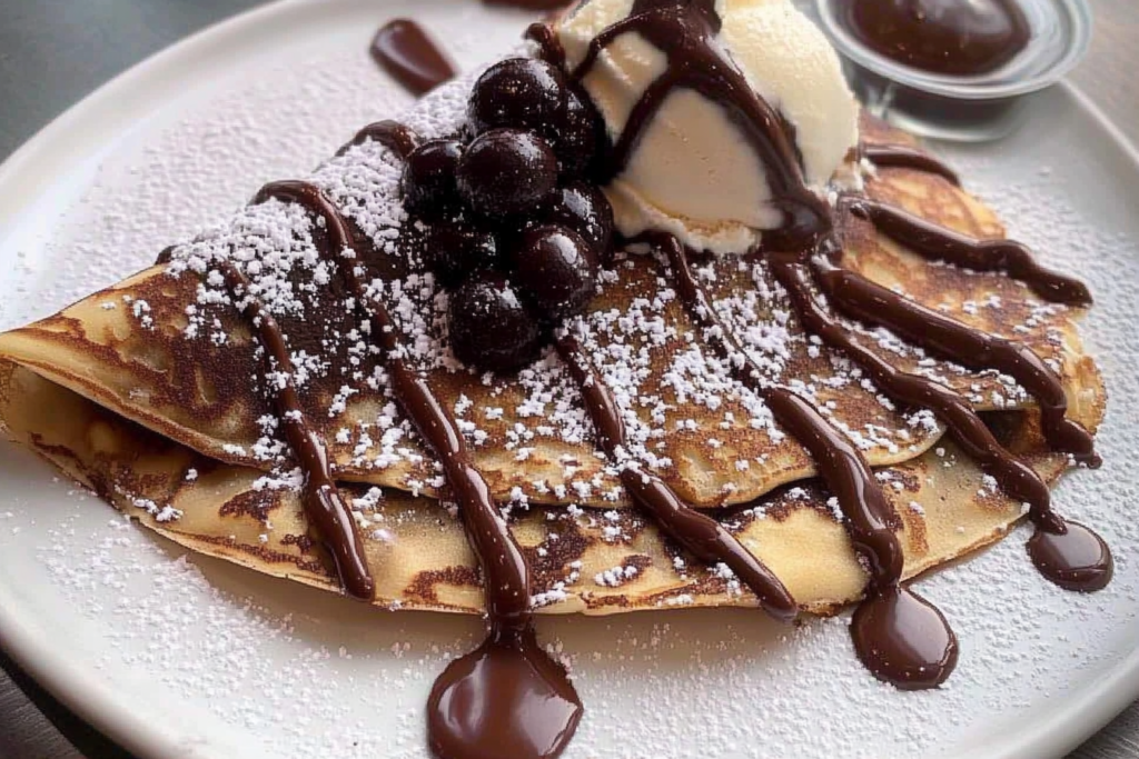 Rich chocolate crepes with vanilla ice cream