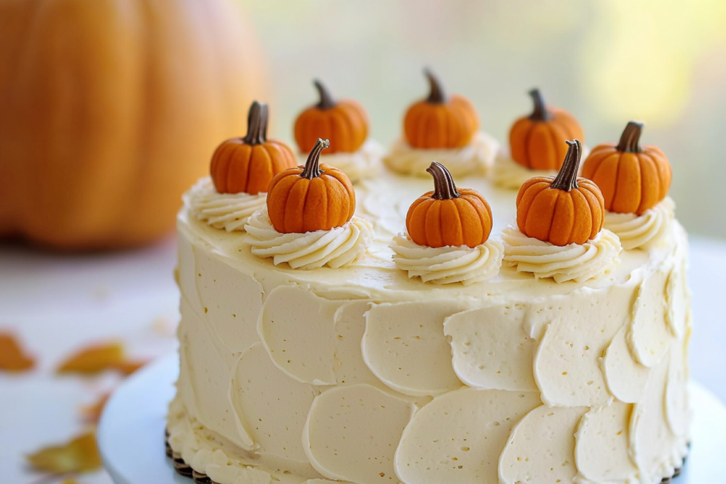 Slice of Frosted Cake with Mini Pumpkins